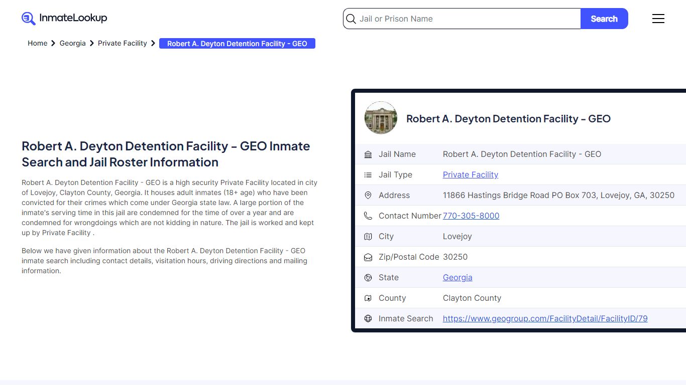 Robert A. Deyton Detention Facility - GEO Inmate Search, Jail Roster ...